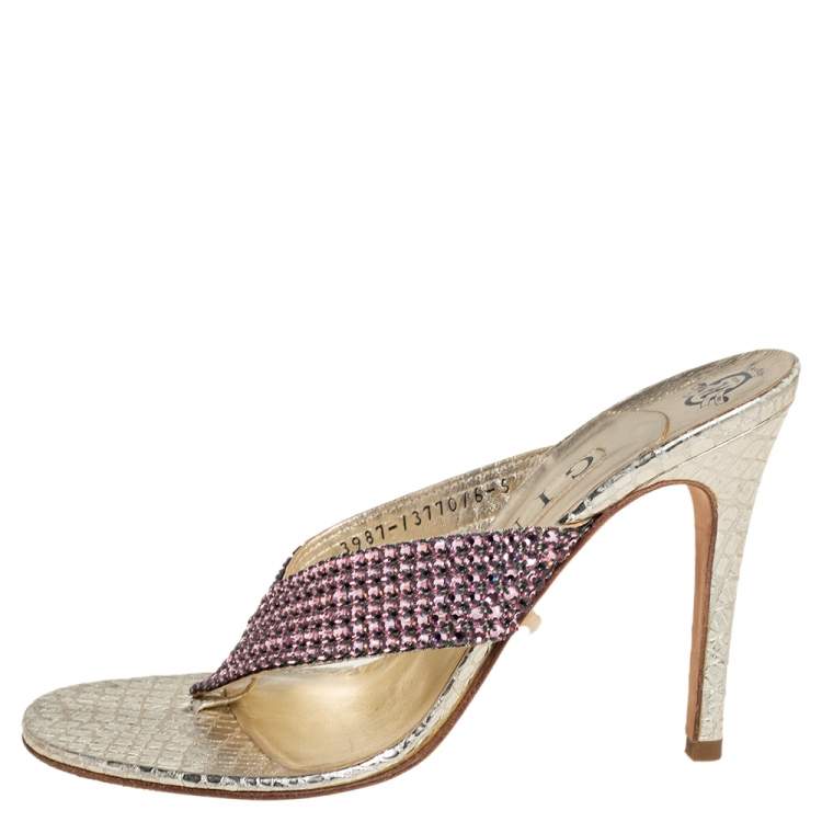 Pre Owned Gina Gold Leather Crystal Embellished Thong Sandals Size 38