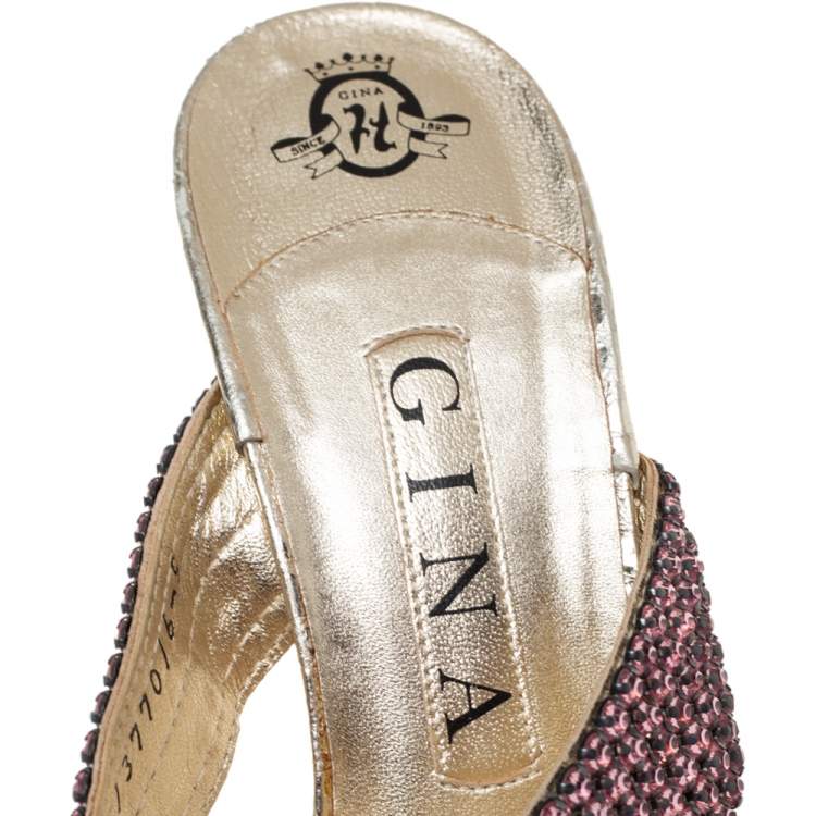 Pre Owned Gina Gold Leather Crystal Embellished Thong Sandals Size 38