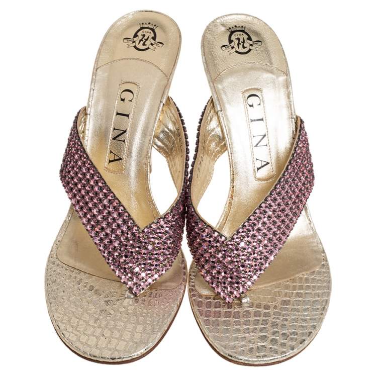 Pre Owned Gina Gold Leather Crystal Embellished Thong Sandals Size 38
