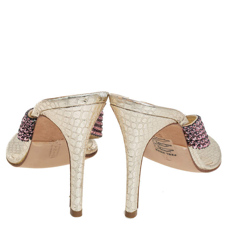 Pre Owned Gina Gold Leather Crystal Embellished Thong Sandals Size 38