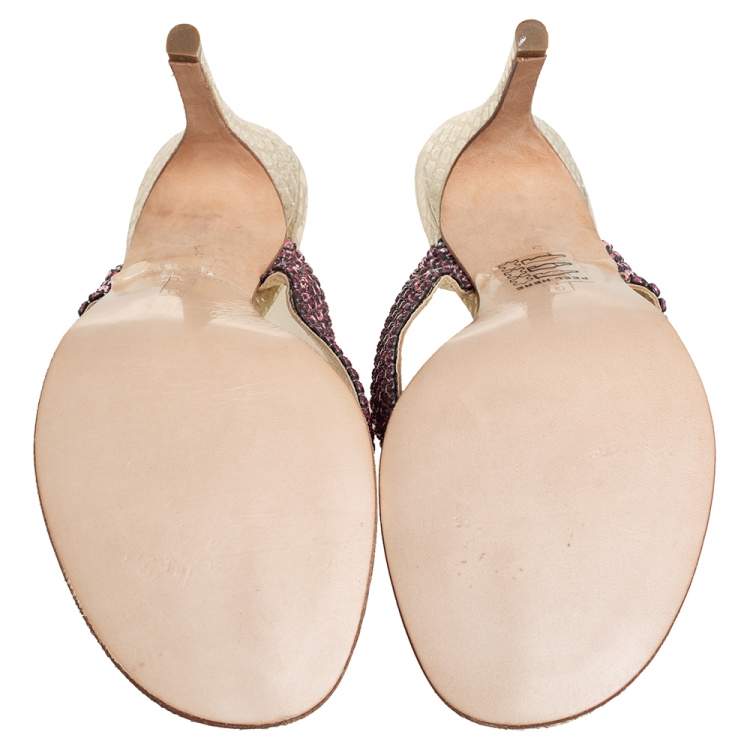 Pre Owned Gina Gold Leather Crystal Embellished Thong Sandals Size 38