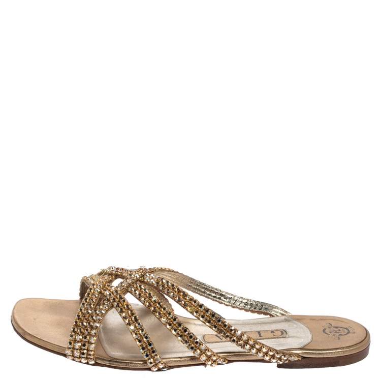 Pre Owned Gina Gold Leather Crystal Embellished Flat Slides Size 38.5