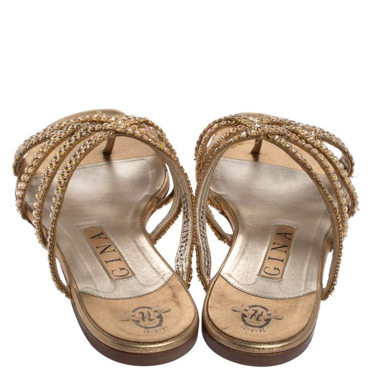 Pre Owned Gina Gold Leather Crystal Embellished Flat Slides Size 38.5