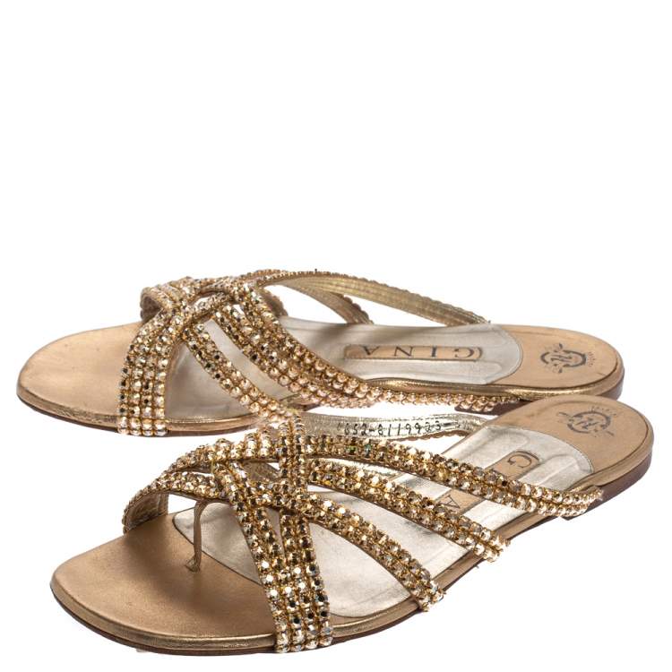 Pre Owned Gina Gold Leather Crystal Embellished Flat Slides Size 38.5