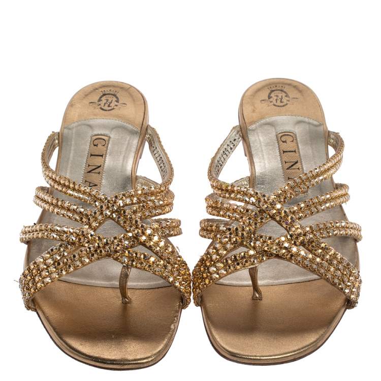 Pre Owned Gina Gold Leather Crystal Embellished Flat Slides Size 38.5