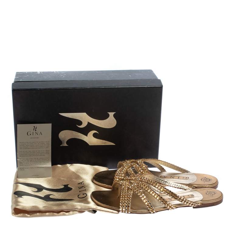 Pre Owned Gina Gold Leather Crystal Embellished Flat Slides Size 38.5