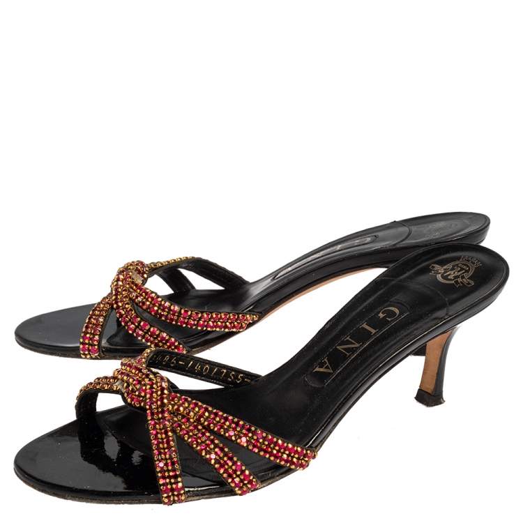 Pre Owned Gina Black Leather Crystal Embellished Slide Sandals Size 38