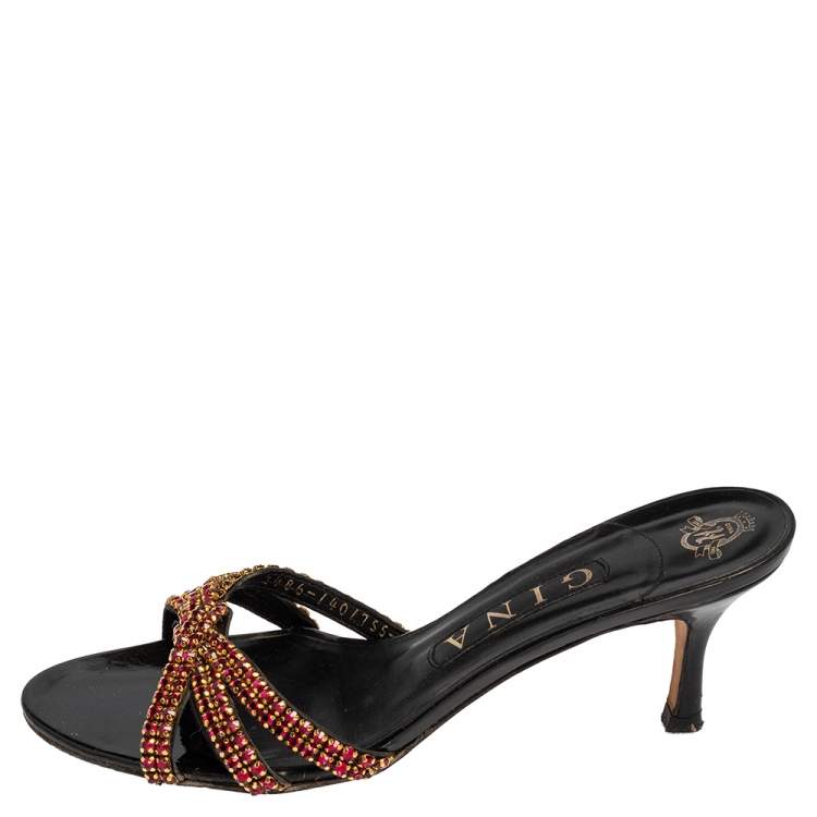 Pre Owned Gina Black Leather Crystal Embellished Slide Sandals Size 38