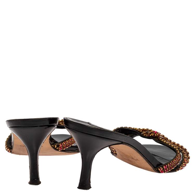 Pre Owned Gina Black Leather Crystal Embellished Slide Sandals Size 38