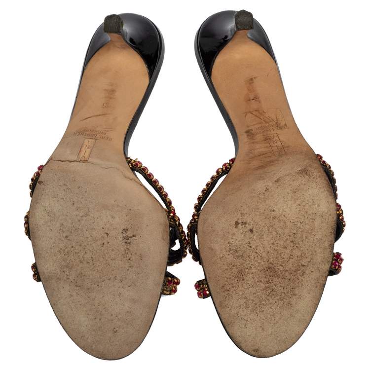 Pre Owned Gina Black Leather Crystal Embellished Slide Sandals Size 38