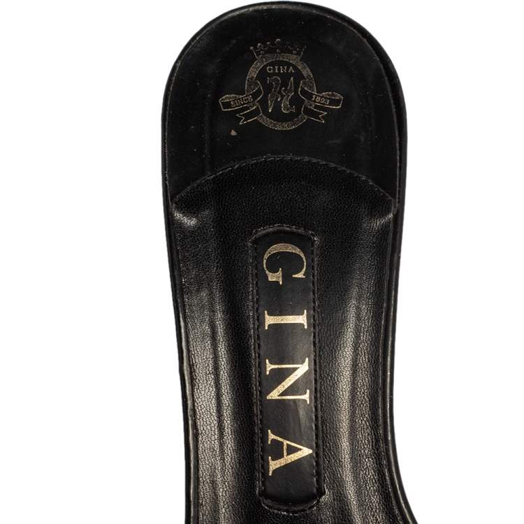 Pre Owned Gina Black Leather Crystal Embellished Slide Sandals Size 38
