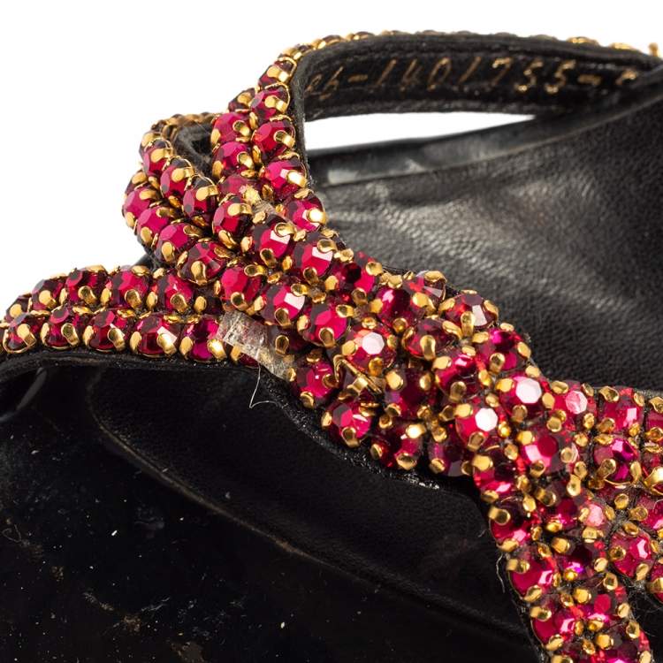 Pre Owned Gina Black Leather Crystal Embellished Slide Sandals Size 38