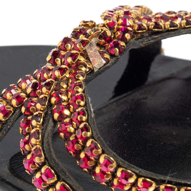 Pre Owned Gina Black Leather Crystal Embellished Slide Sandals Size 38