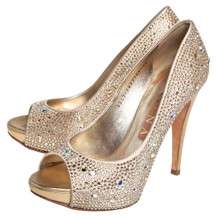 Pre Owned Gina Gold Satin Peep toe Pumps Size 38.5
