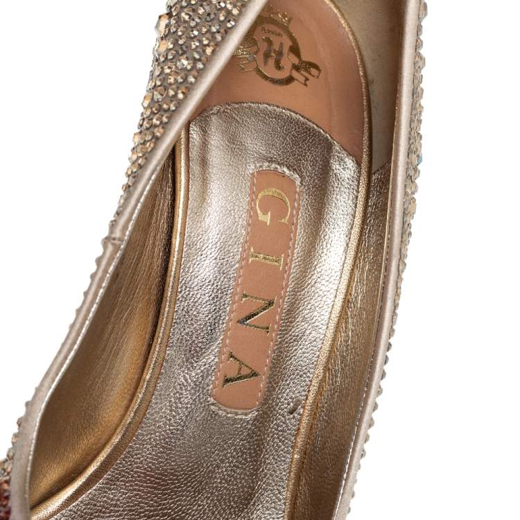 Pre Owned Gina Gold Satin Peep toe Pumps Size 38.5