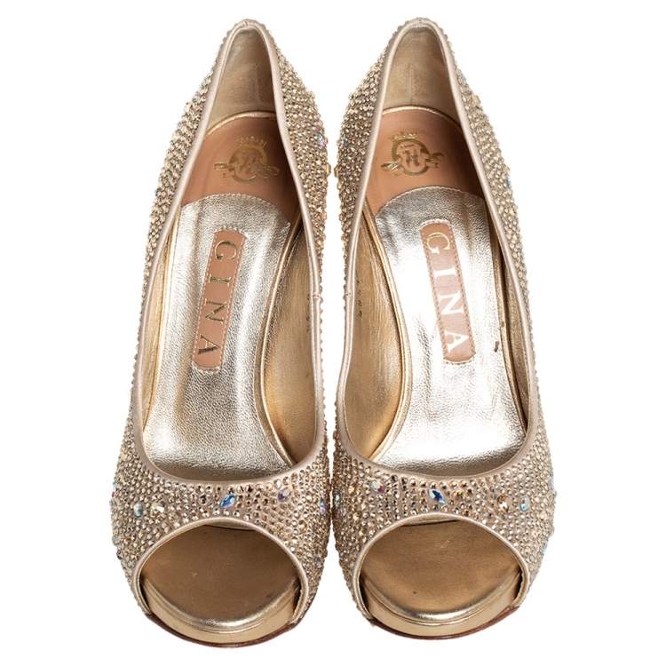 Pre Owned Gina Gold Satin Peep toe Pumps Size 38.5