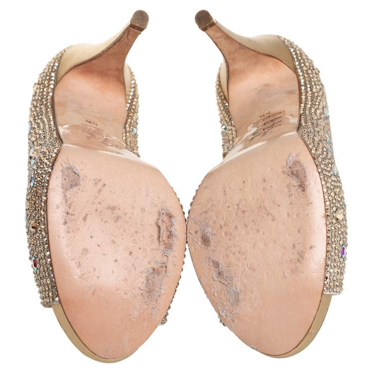 Pre Owned Gina Gold Satin Peep toe Pumps Size 38.5