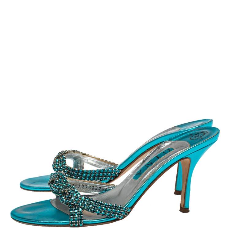 Pre Owned Gina Blue Crystal Embellished Leather Zeta Slide Sandals Size 39.5