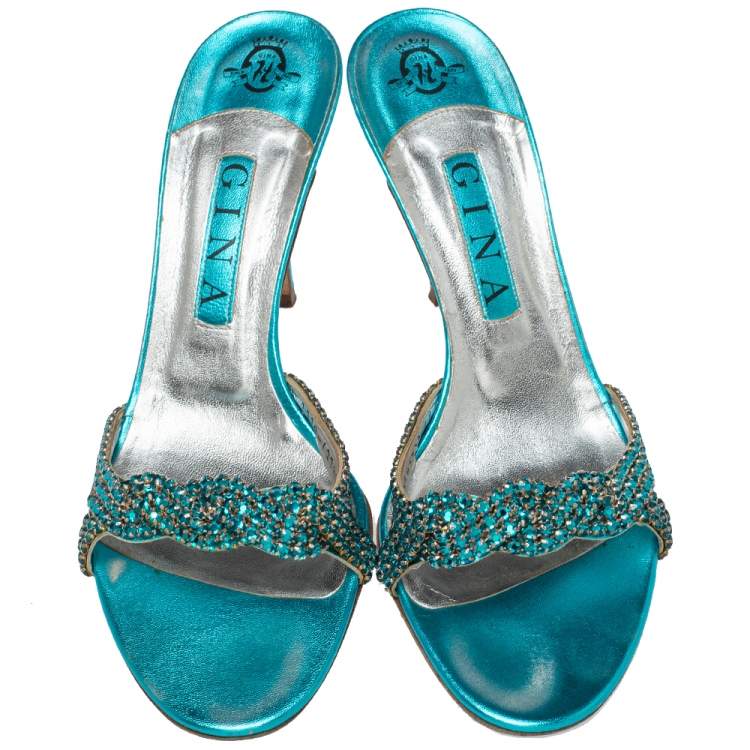 Pre Owned Gina Blue Crystal Embellished Leather Zeta Slide Sandals Size 39.5