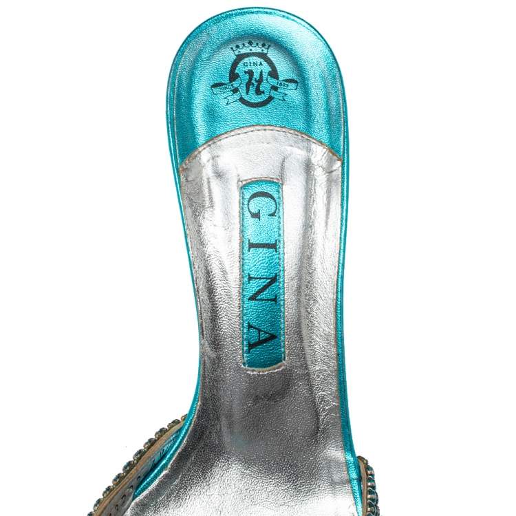 Pre Owned Gina Blue Crystal Embellished Leather Zeta Slide Sandals Size 39.5