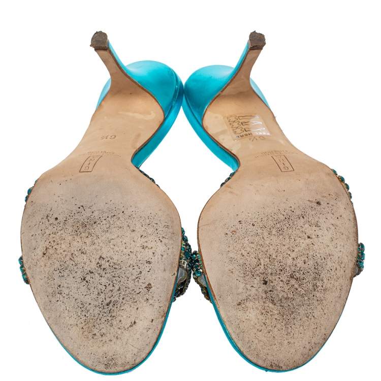 Pre Owned Gina Blue Crystal Embellished Leather Zeta Slide Sandals Size 39.5