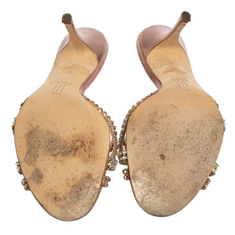 Pre Owned Gina Metallic Bronze Crystal Embellished Leather Slide Sandals Size 39.5