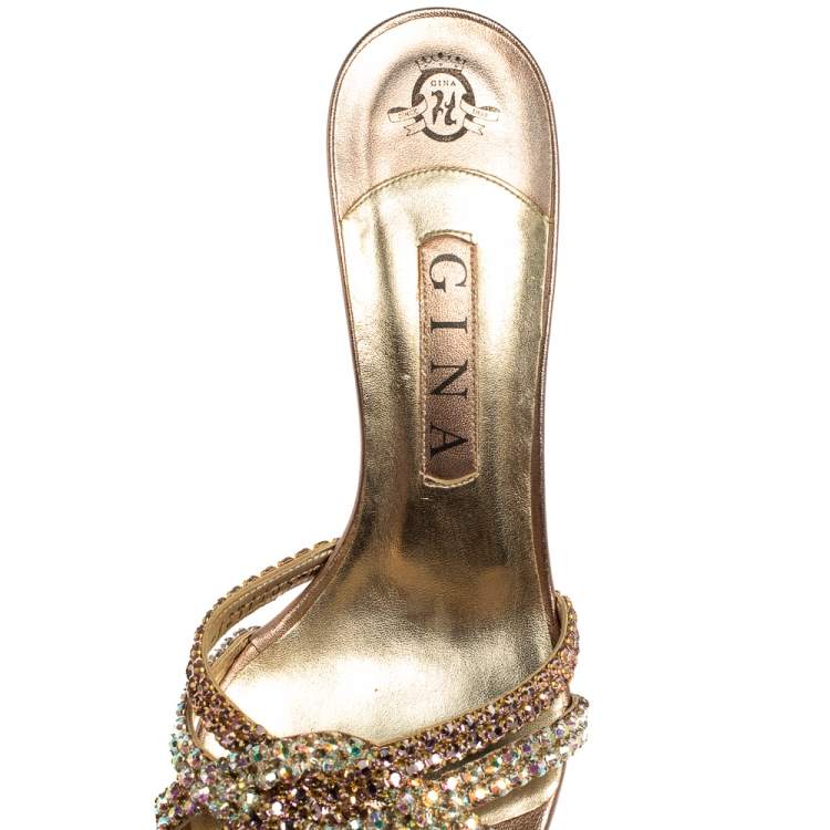 Pre Owned Gina Metallic Bronze Crystal Embellished Leather Slide Sandals Size 39.5