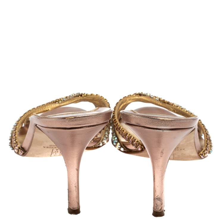 Pre Owned Gina Metallic Bronze Crystal Embellished Leather Slide Sandals Size 39.5