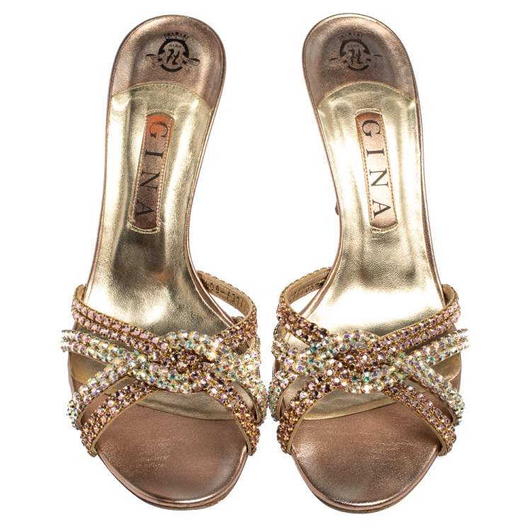 Pre Owned Gina Metallic Bronze Crystal Embellished Leather Slide Sandals Size 39.5