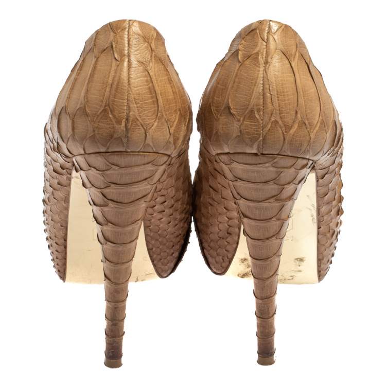 Pre Owned Gina Beige Python Leather Elle Platform Pumps Size 39