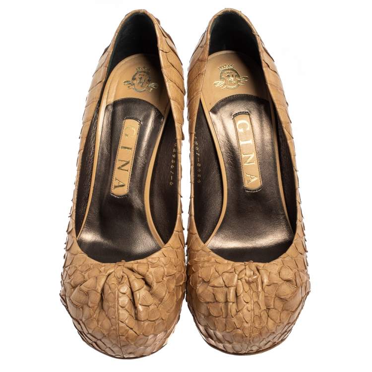 Pre Owned Gina Beige Python Leather Elle Platform Pumps Size 39
