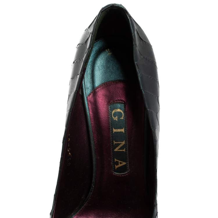 Pre Owned Gina Blue Python Embossed Leather Elle Platform Pumps Size 38.5