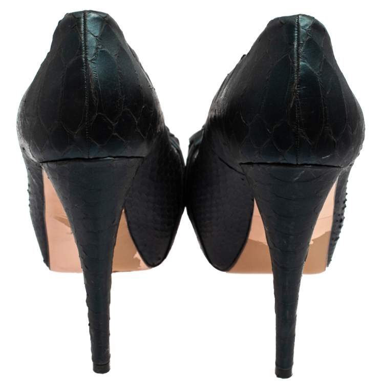 Pre Owned Gina Blue Python Embossed Leather Elle Platform Pumps Size 38.5