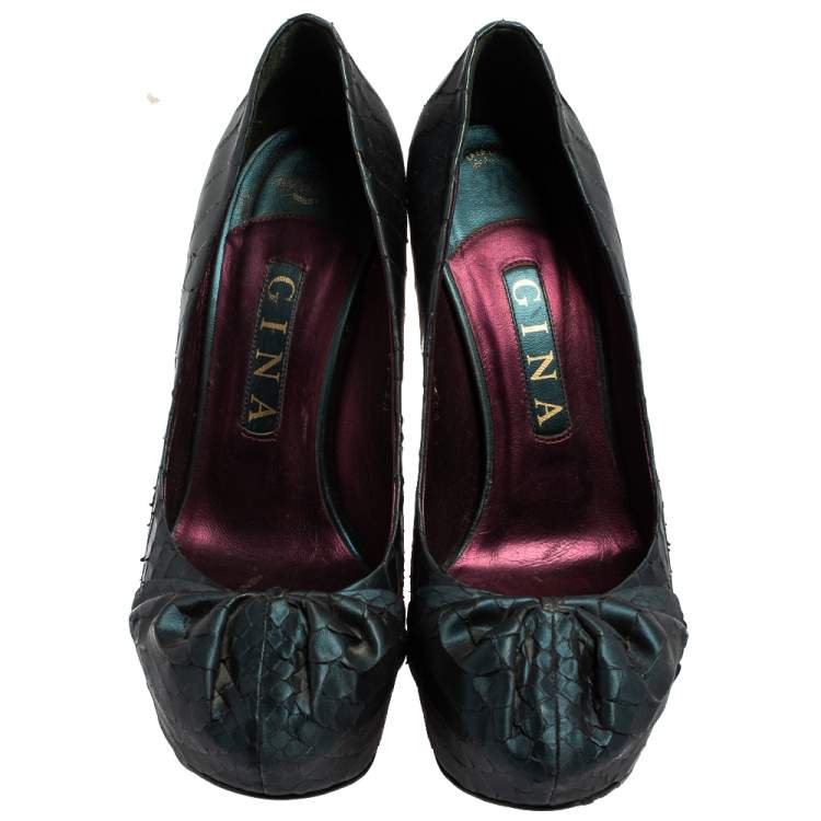 Pre Owned Gina Blue Python Embossed Leather Elle Platform Pumps Size 38.5