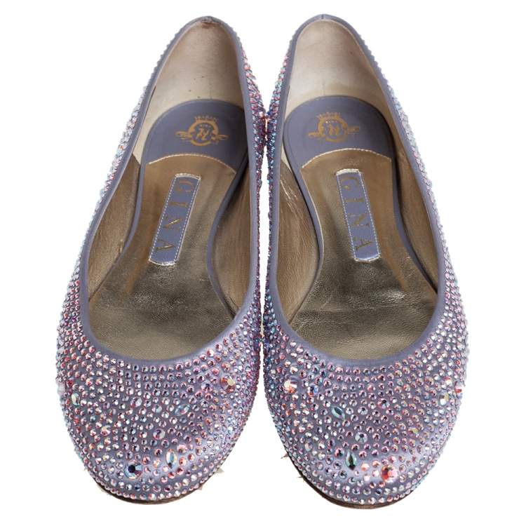 Pre Owned Gina Purple Crystal Embellished Satin Ballet Flats Size 38.5