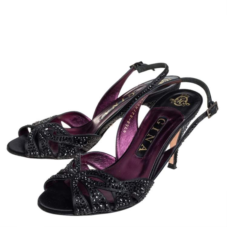 Pre Owned Gina Black Leather Crystal Embellished Slingback Sandals Size 38
