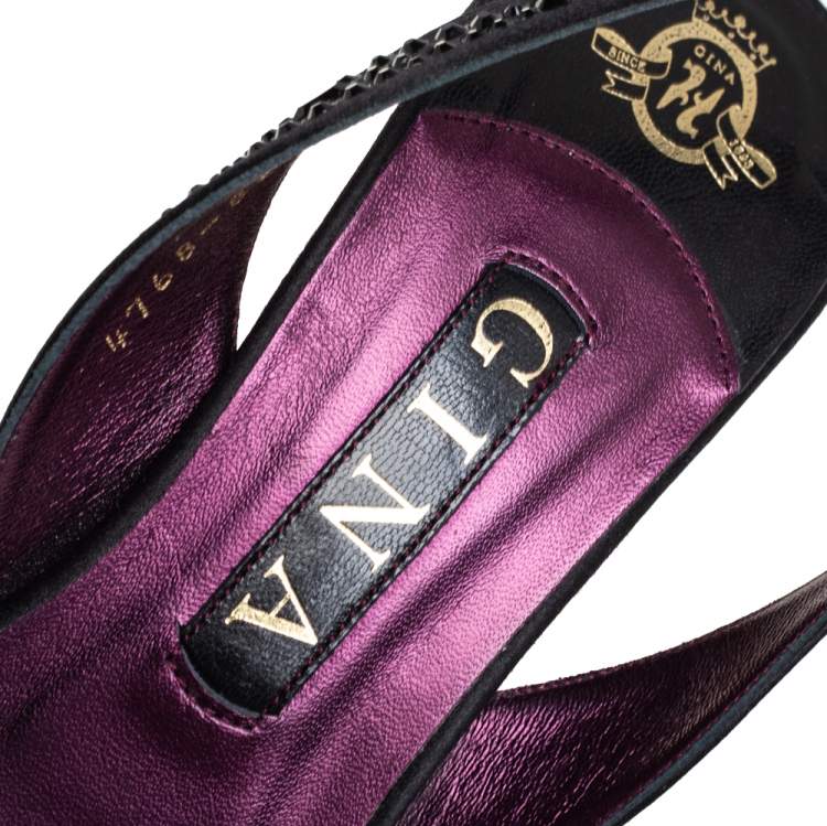 Pre Owned Gina Black Leather Crystal Embellished Slingback Sandals Size 38