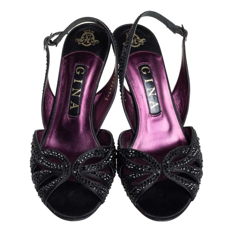 Pre Owned Gina Black Leather Crystal Embellished Slingback Sandals Size 38