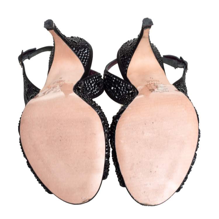 Pre Owned Gina Black Leather Crystal Embellished Slingback Sandals Size 38