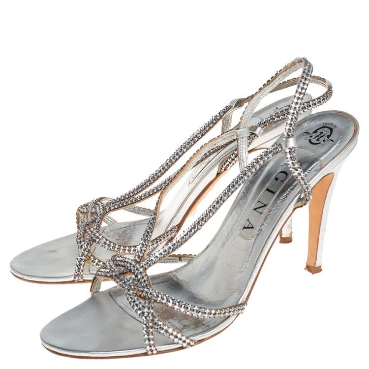 Pre Owned Gina Metallic Silver Leather Crystal Embellished Slingback Sandals Size 41