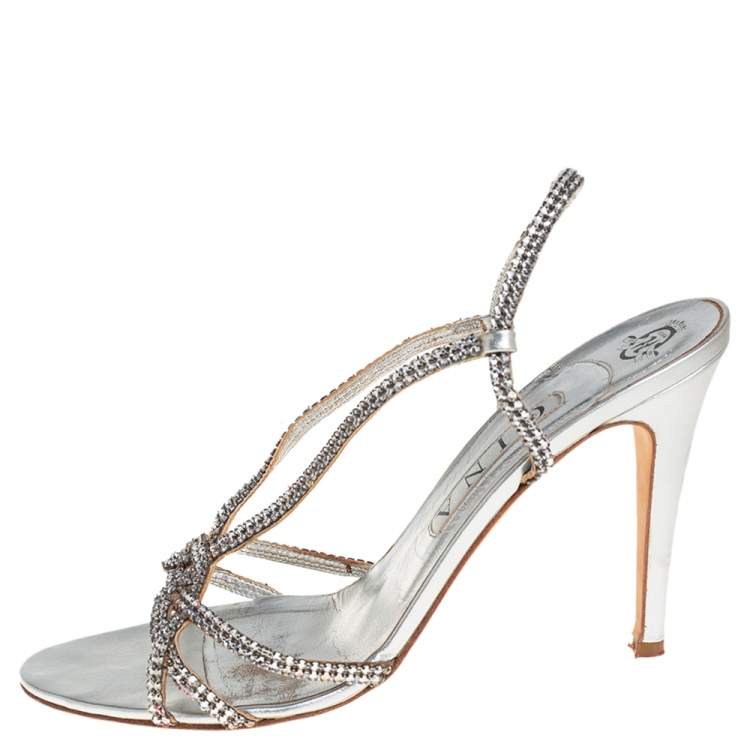 Pre Owned Gina Metallic Silver Leather Crystal Embellished Slingback Sandals Size 41