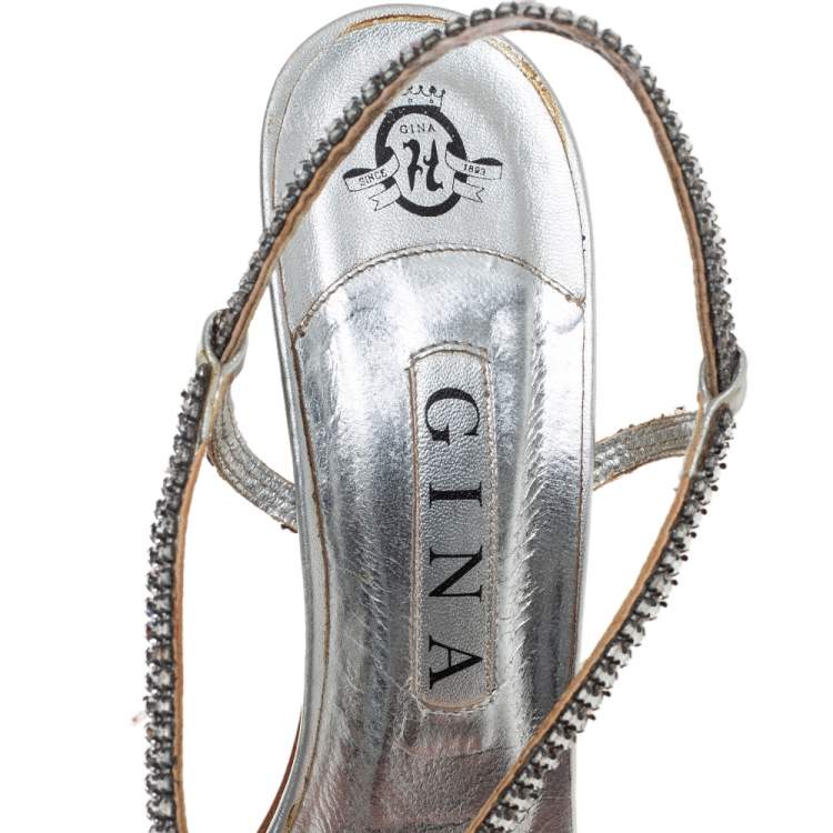 Pre Owned Gina Metallic Silver Leather Crystal Embellished Slingback Sandals Size 41