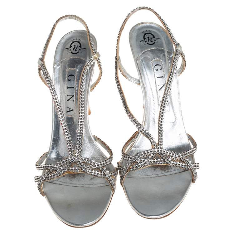 Pre Owned Gina Metallic Silver Leather Crystal Embellished Slingback Sandals Size 41