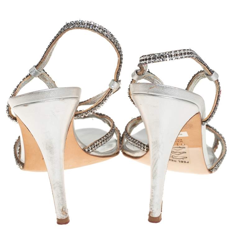 Pre Owned Gina Metallic Silver Leather Crystal Embellished Slingback Sandals Size 41