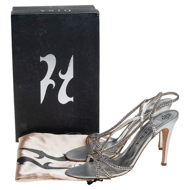 Pre Owned Gina Metallic Silver Leather Crystal Embellished Slingback Sandals Size 41