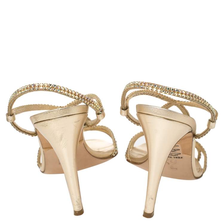 Pre Owned Gina Gold Crystal Embellished Leather Strappy Slingback Sandals Size 40