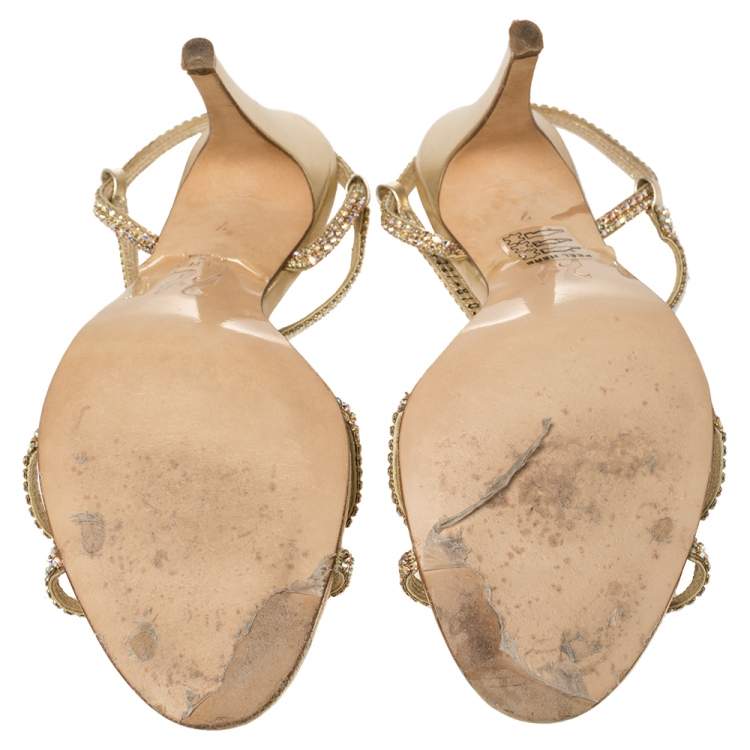 Pre Owned Gina Gold Crystal Embellished Leather Strappy Slingback Sandals Size 40
