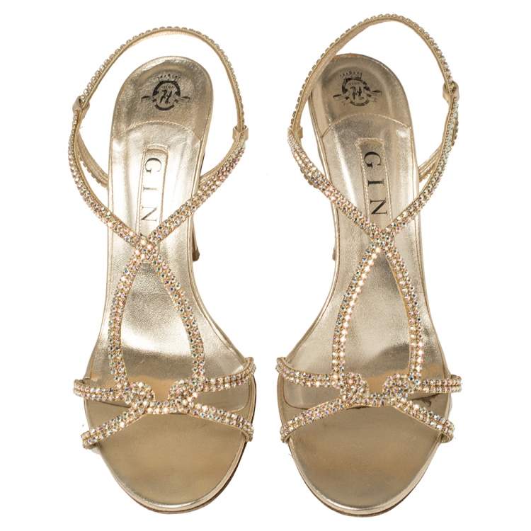Pre Owned Gina Gold Crystal Embellished Leather Strappy Slingback Sandals Size 40