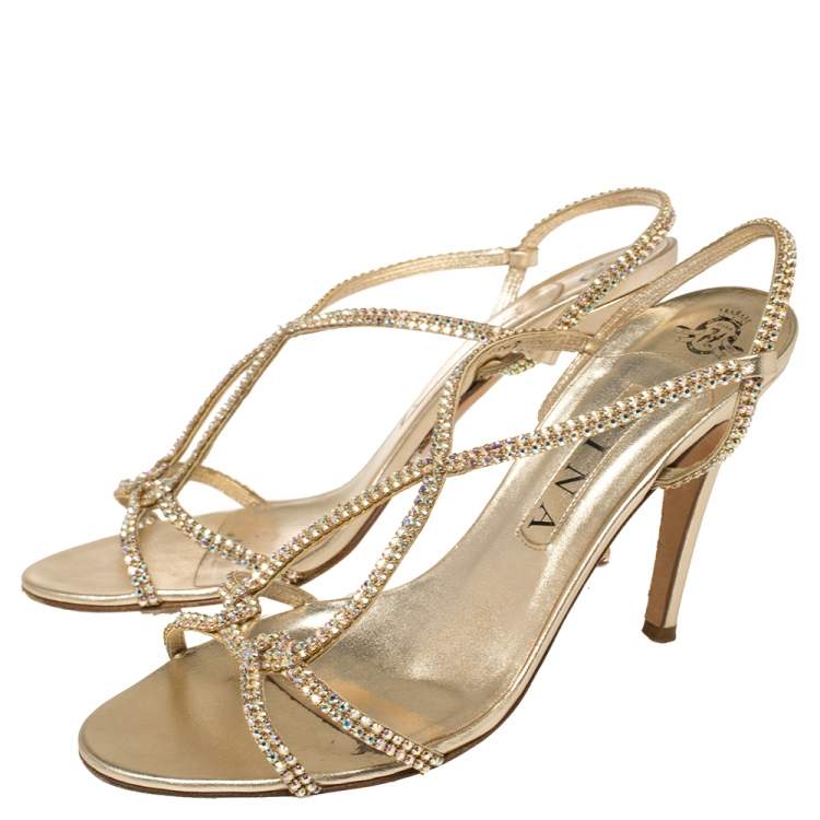 Pre Owned Gina Gold Crystal Embellished Leather Strappy Slingback Sandals Size 40