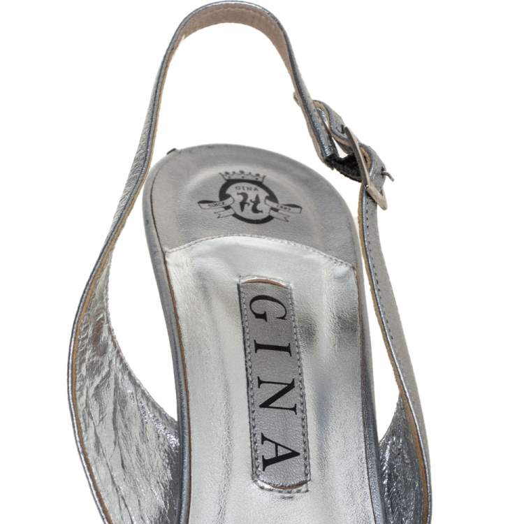 Pre Owned Gina Metallic Sliver Leather Crystal Embellished Slingback Sandals Size 40.5